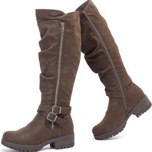 Women's Slouchy Knee High Boots Low Heel Comfort Round Toe Tall Calf Flat Riding